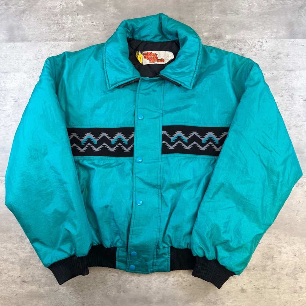 Vintage Comfy Casuals Teal Southwestern Geometric Bomber Jacket Mens Medium